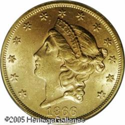 1866 $20  AU58 PCGS. The 1866 is a sought-after fir