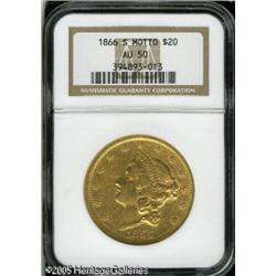 1866-S $20  Motto AU50 NGC. Softly struck with glea