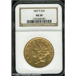 1867-S $20  AU50 NGC. Very scarce in all grades, th