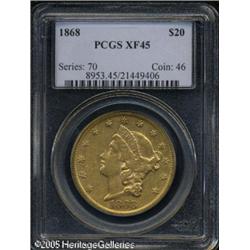1868 $20  XF45 PCGS. This lower mintage issue is sc