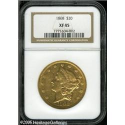 1868 $20  XF45 NGC. A straw-gold Double Eagle that