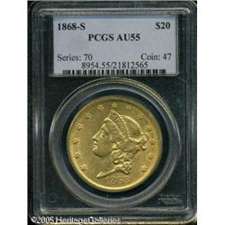 1868-S $20  AU55 PCGS. Lustrous pale yellow surface