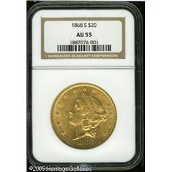 1868-S $20  AU55 NGC. Highly attractive with frosty