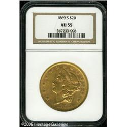 1869-S $20  AU55 NGC. Mostly yellow-gold colored wi