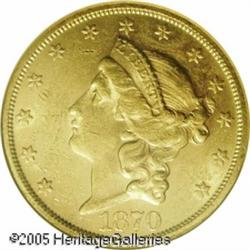 1870-S $20  AU58 NGC. The green-gold surfaces are m