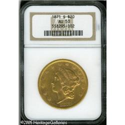 1871-S $20  AU50 NGC. A lightly circulated Type Two