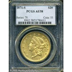 1871-S $20  AU58 PCGS. Well struck and lightly worn