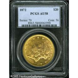1872 $20  AU58 PCGS. Moderately scarce as a date, w