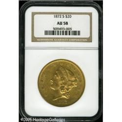 1872-S $20  AU58 NGC. Apricot-gold surfaces are lig