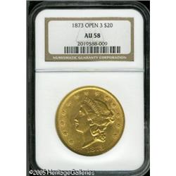 1873 $20  Open 3 AU58 NGC. Well struck and lustrous