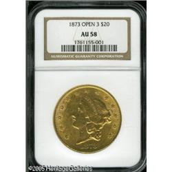 1873 $20  Open 3 AU58 NGC. Well struck and lustrous