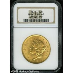 1873 $20  Open 3 MS60 NGC. A well struck and lustro