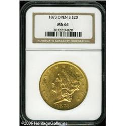 1873 $20  Open 3 MS61 NGC. Bright brass-gold patina