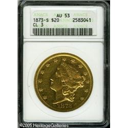 1873-S $20  Closed 3 AU53 ANACS. Superb color and l