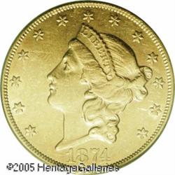 1874-CC $20  AU55 PCGS. Bright yellow-gold in color