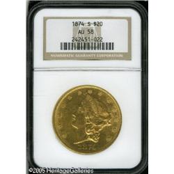 1874-S $20  AU58 NGC. Bright, lustrous surfaces and