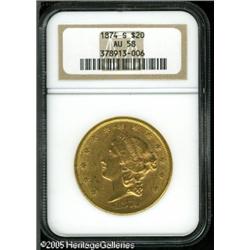 1874-S $20  AU58 NGC. Lightly abraded surfaces with