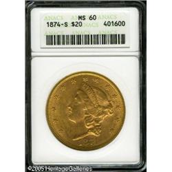 1874-S $20  MS60 ANACS. Fully lustrous with rich or
