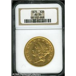 1875 $20  AU50 NGC. The pink-gold and greenish surf