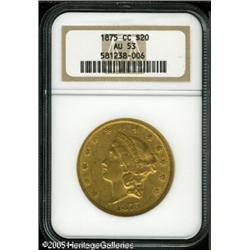 1875-CC $20  AU53 NGC. Bright canary-gold luster ou