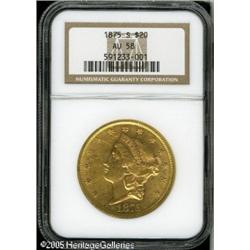 1875-S $20  AU58 NGC. Bright orange-gold surfaces a