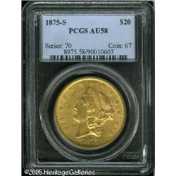1875-S $20  AU58 PCGS. Subtle orange-golden patina