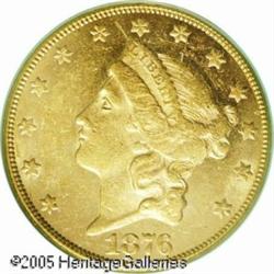 1876-CC $20  AU58 PCGS. Bright prooflike fields, th