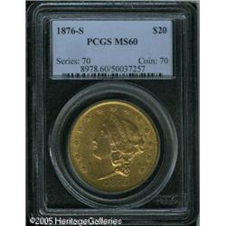 1876-S $20  MS60 PCGS. Well struck with good mint l