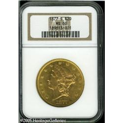 1877-S $20  MS60 NGC. Peach-gold patina over semi-b