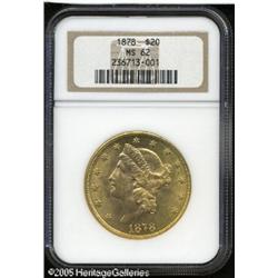 1878 $20  MS62 NGC. Satiny fields accentuate the li