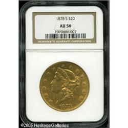 1878-S $20  AU50 NGC. Lightly worn with moderate ab
