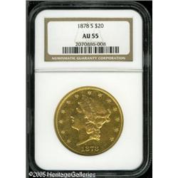 1878-S $20  AU55 NGC. Moderately abraded light yell