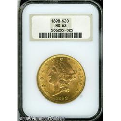 1898 $20  MS62 NGC. Yellow-gold surfaces display ad