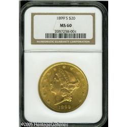1899-S $20  MS60 NGC. Sharply struck, with semi-bri