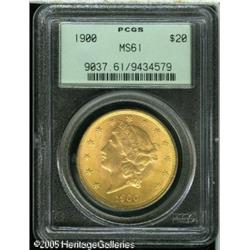 1900 $20  MS61 PCGS. Crisply detailed with soft fro