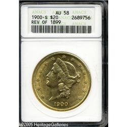 1900-S $20  AU58 ANACS. Reverse of 1899. The ANACS
