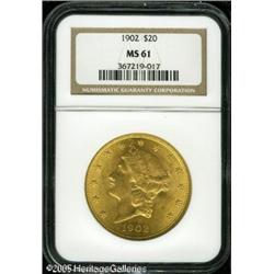 1902 $20  MS61 NGC. Orange-gold colored and sharply