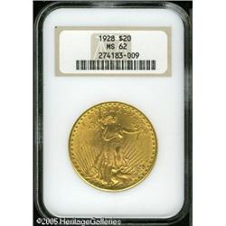1928 $20  MS62 NGC. This lustrous sunrise-gold repr