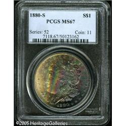 1880-S  MS67 PCGS. Amazingly deep rainbow iride