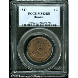 1847 1C  Hawaii Cent MS63 Red and Brown PCGS. Cross