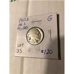 Extremely Rare Key Date 1913 D Variety 2 Buffalo Nickel  acid wash