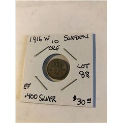 1916 W Sweden Silver 10 Ore Coin in Extra Fine Grade