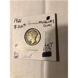 Extremely Rare 1921 Key Date Mercury Silver Dime Fine Grade