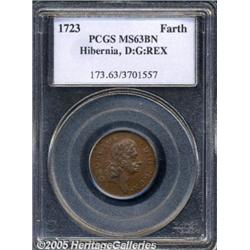 1723 FARTH Hibernia Farthing, D:G:REX MS63 Brown 