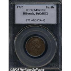 1723 FARTH Hibernia Farthing, D:G:REX MS63 Brown 