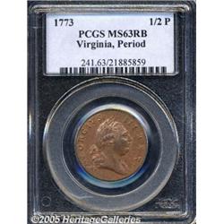 1773 1/2P Virginia Halfpenny, Period MS63 Red and