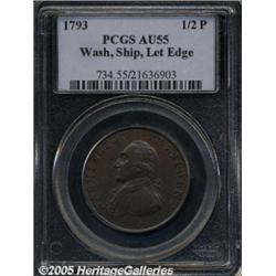 1793 1/2P Washington Ship Halfpenny, Copper, Lett