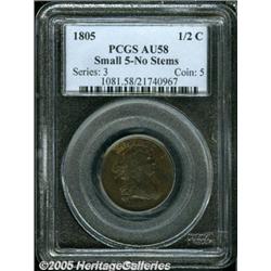 1805 1/2 C Small 5, No Stems AU58 PCGS. B-1, C-1,