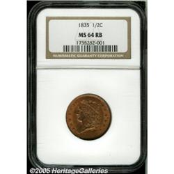 1835 1/2 C MS64 Red and Brown NGC. B-2, C-2, R.1.
