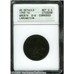 1793 1C Wreath Cent--Vine and Bars--Corroded, Lam
